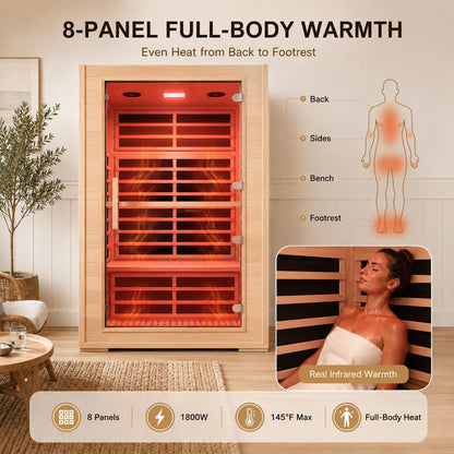 2 Person Far Infrared Sauna with Smart APP Control, 2000W Low EMF Wooden Infrared Sauna Room for Home, 8 Carbon Mica Heating Panels Wellness Sauna, Canadian Hemlock Indoor Spa for Home Relaxation