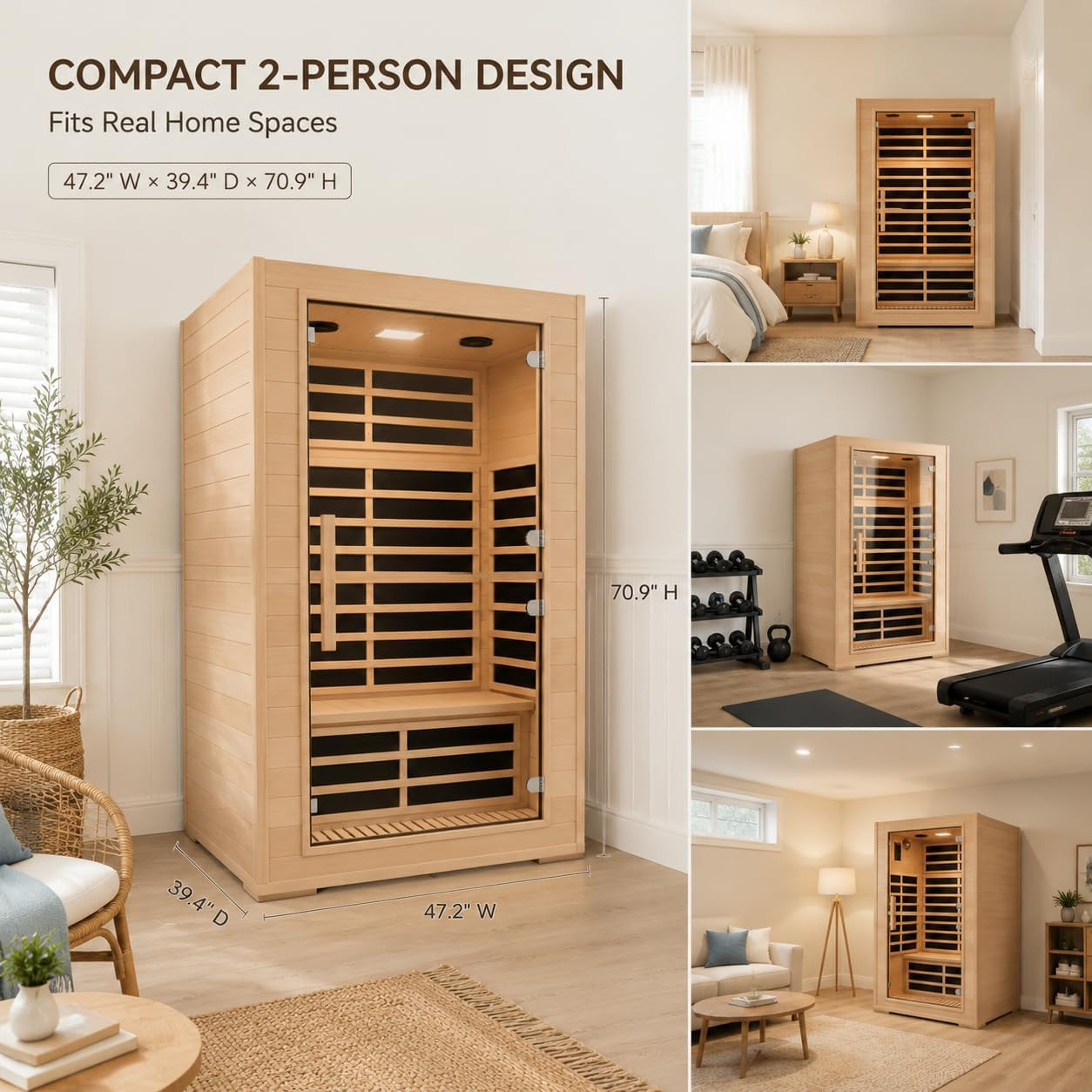 2 Person Far Infrared Sauna with Smart APP Control, 2000W Low EMF Wooden Infrared Sauna Room for Home, 8 Carbon Mica Heating Panels Wellness Sauna, Canadian Hemlock Indoor Spa for Home Relaxation