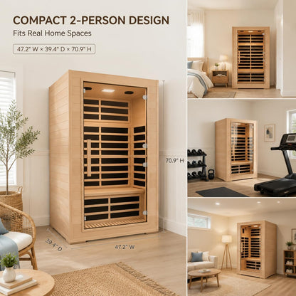 2 Person Far Infrared Sauna with Smart APP Control, 2000W Low EMF Wooden Infrared Sauna Room for Home, 8 Carbon Mica Heating Panels Wellness Sauna, Canadian Hemlock Indoor Spa for Home Relaxation