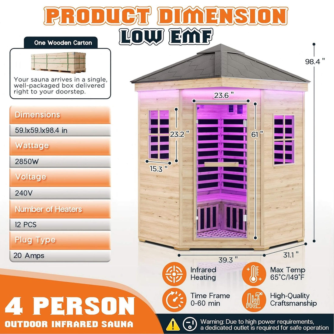 Thermora Monaco 4-Person Outdoor Spruce Low EMF Infrared Sauna Room - SAK16270