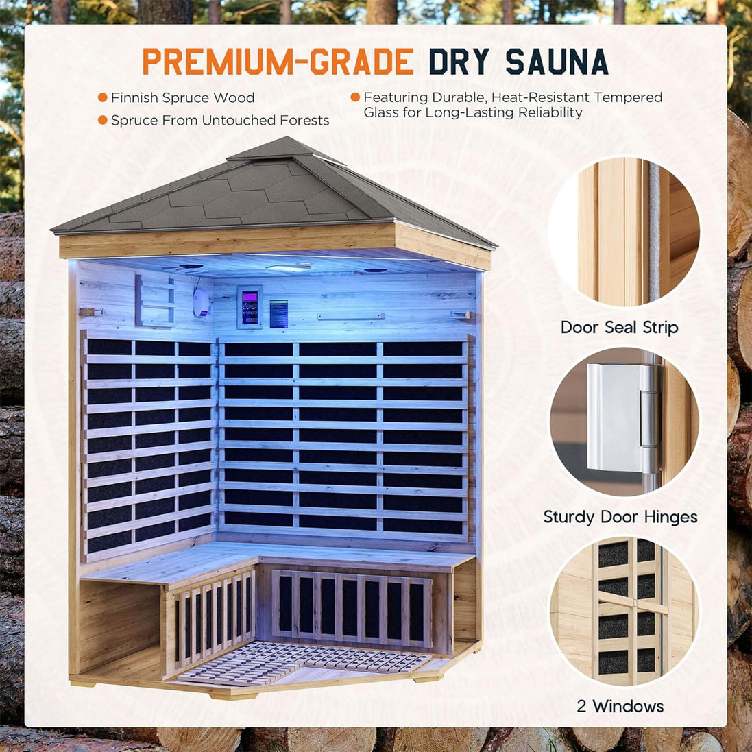 Thermora Monaco 4-Person Outdoor Spruce Low EMF Infrared Sauna Room - SAK16270