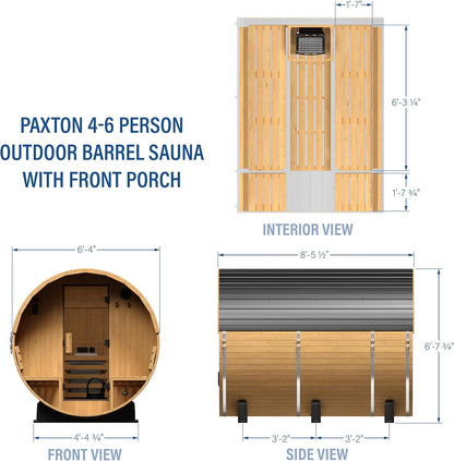 Backyard Discovery Paxton 4-6 Person Traditional Cedar Outdoor Barrel Sauna with Electric Sauna Heater, Front Porch, Sauna Rocks, Dry Heat, Steam Sauna, LED Lights, Wi-Fi Panel, Sauna Accessories