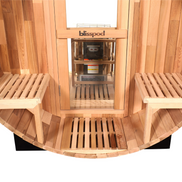 Blisspod, Prague, Canadian Red Cedar Outdoor Steam Barell Sauna, 2-4 / 4-6 persons with Full Glass Back & 2 front Porch seats