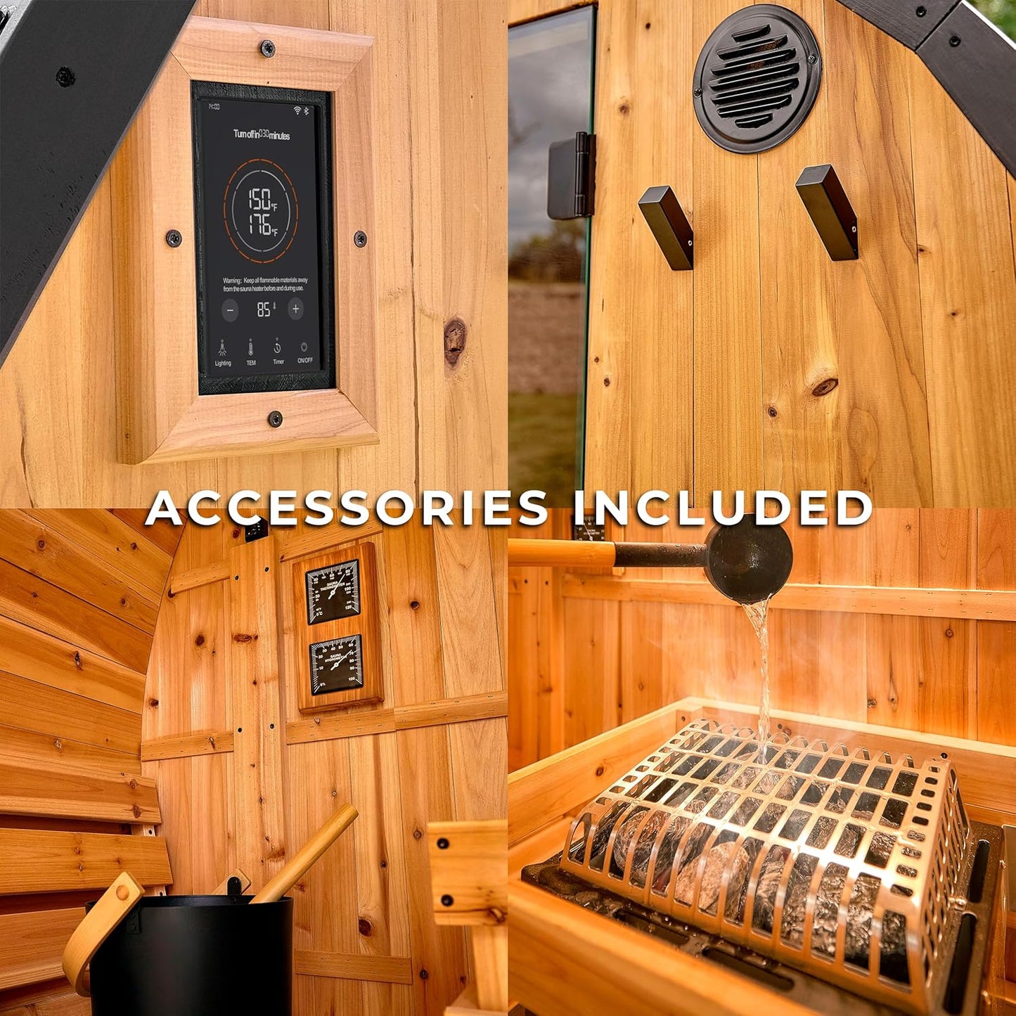 Backyard Discovery Paxton 4-6 Person Traditional Cedar Outdoor Barrel Sauna with Electric Sauna Heater, Front Porch, Sauna Rocks, Dry Heat, Steam Sauna, LED Lights, Wi-Fi Panel, Sauna Accessories