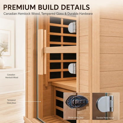 2 Person Far Infrared Sauna with Smart APP Control, 2000W Low EMF Wooden Infrared Sauna Room for Home, 8 Carbon Mica Heating Panels Wellness Sauna, Canadian Hemlock Indoor Spa for Home Relaxation