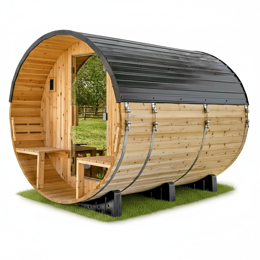 Paxton 4-6 Person Traditional Cedar Outdoor Barrel Sauna with Electric Sauna Heater, Front Porch, Sauna Rocks, Dry Heat, Steam Sauna, LED Lights, Wi-Fi Panel, Sauna Accessories