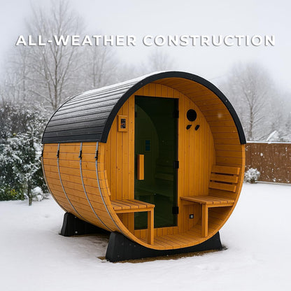 Backyard Discovery Paxton 4-6 Person Traditional Cedar Outdoor Barrel Sauna with Electric Sauna Heater, Front Porch, Sauna Rocks, Dry Heat, Steam Sauna, LED Lights, Wi-Fi Panel, Sauna Accessories