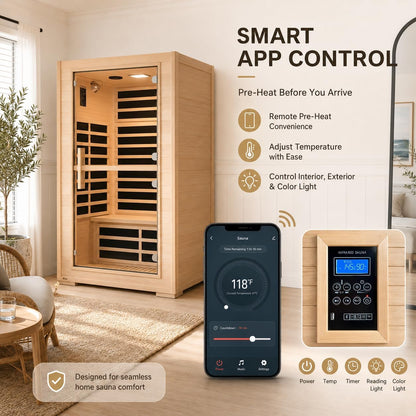 2 Person Far Infrared Sauna with Smart APP Control, 2000W Low EMF Wooden Infrared Sauna Room for Home, 8 Carbon Mica Heating Panels Wellness Sauna, Canadian Hemlock Indoor Spa for Home Relaxation