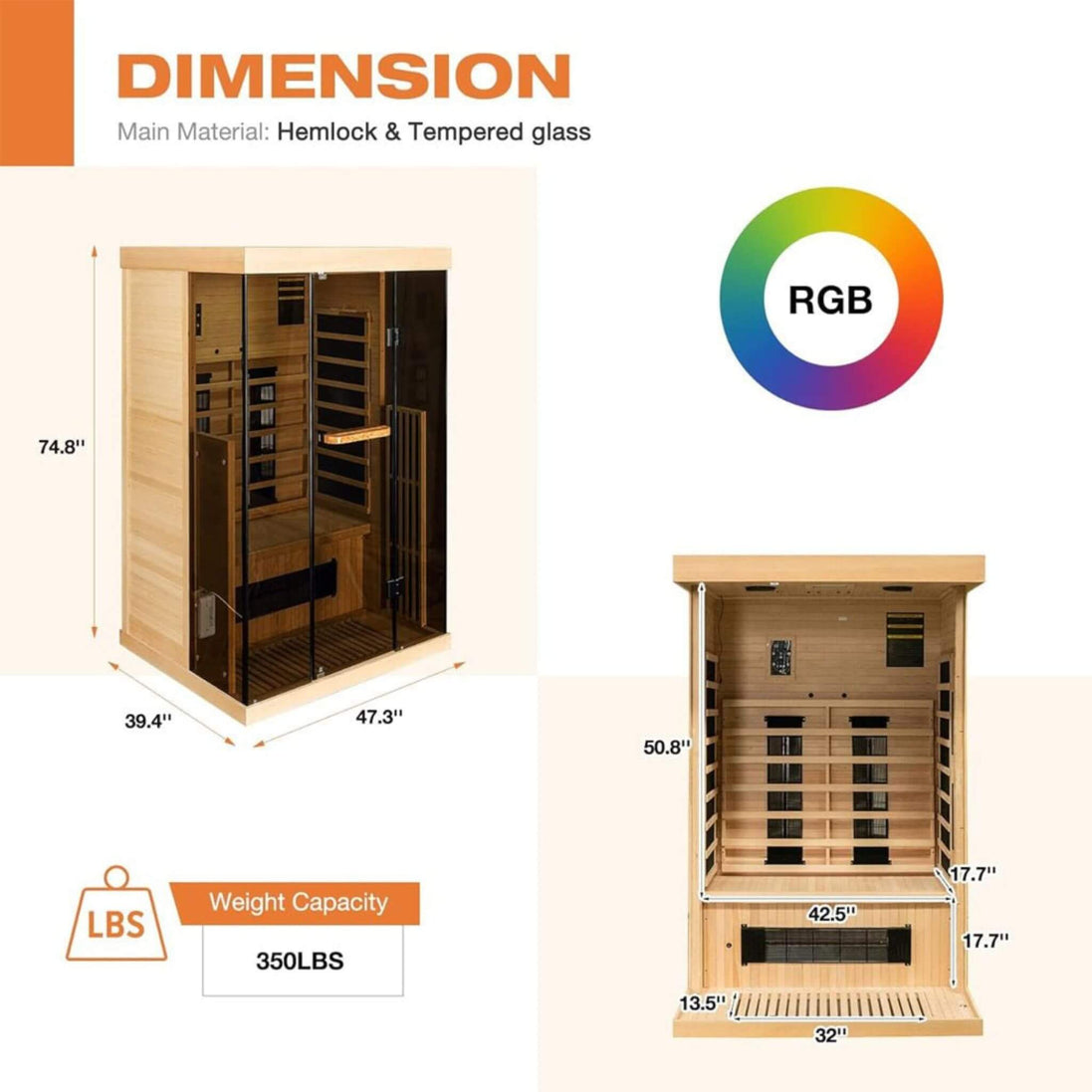 Thermora Valen 2-Person Far Infrared Sauna Room Panoramic Glass 2000W - SAK27481