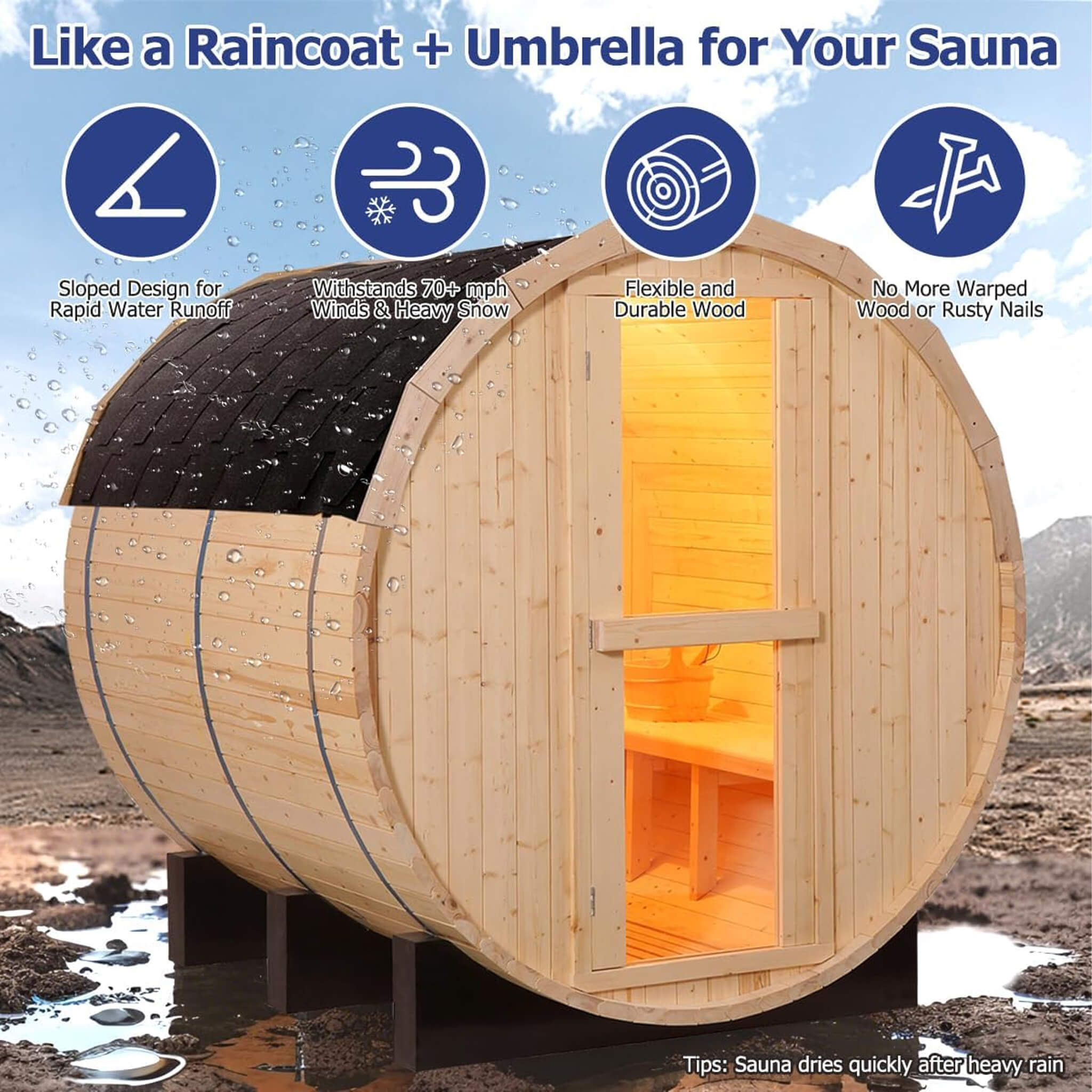 Thermora Haven All-Weather Pinewood Outdoor Barrel Sauna Kit with 4.5kW Heater - SAK91462