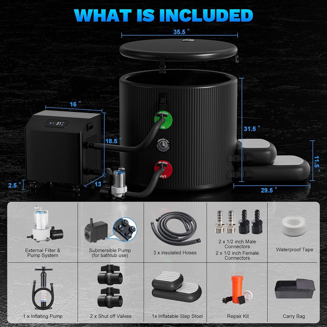 FCP Premium XL 120 Gal Cold Plunge Tub Kit With 1HP Chiller, Filter, And Pump (SAK92632)