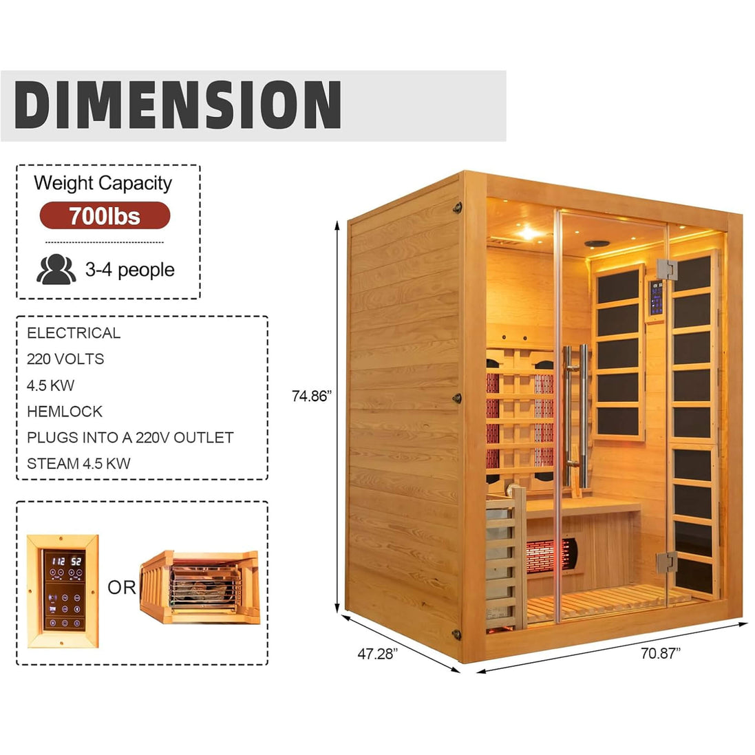 Rövia Aurora 3-Person Indoor Hybrid Sauna Room with Infrared and 4.5kW Heater - SAK41592