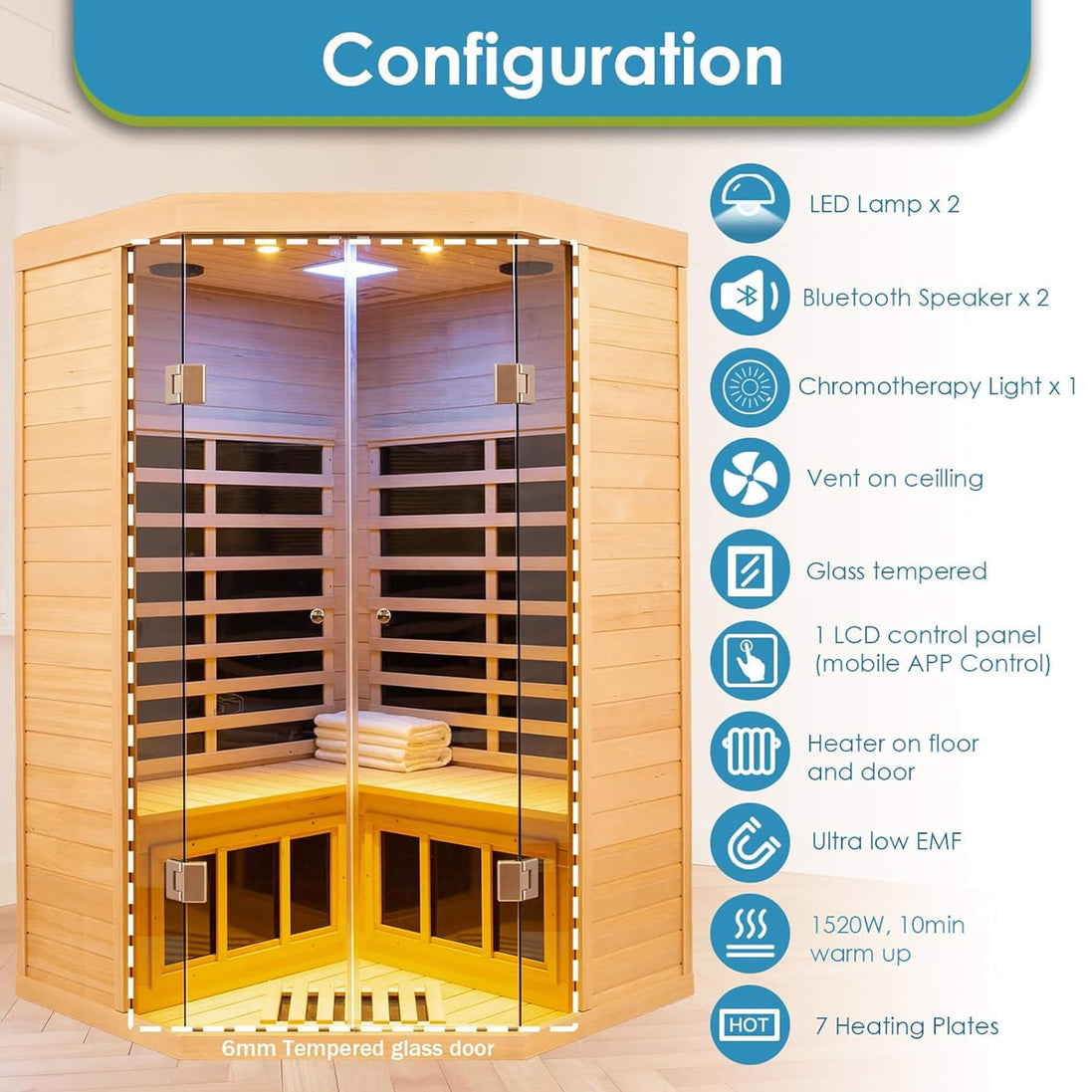 Thermora Laurent 2-Person Corner Far Infrared Sauna Room 1600W Bluetooth - SAK81524