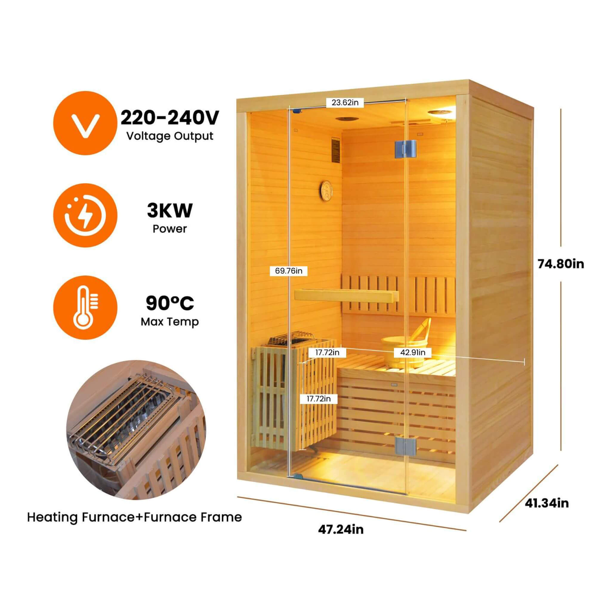 Thermora Alpine 2-Person 3kW Hemlock Wood Sauna Room with LED Wall Light - SAK28471Thermora Alpine 2-Person 3kW Hemlock Wood Sauna Room with LED Wall Light - SAK28471