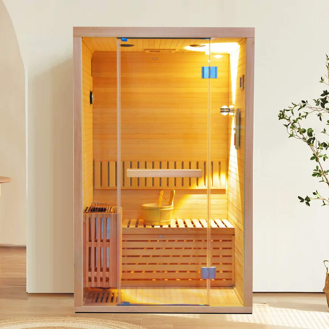Thermora Alpine 2-Person 3kW Hemlock Wood Sauna Room with LED Wall Light - SAK28471Thermora Alpine 2-Person 3kW Hemlock Wood Sauna Room with LED Wall Light - SAK28471