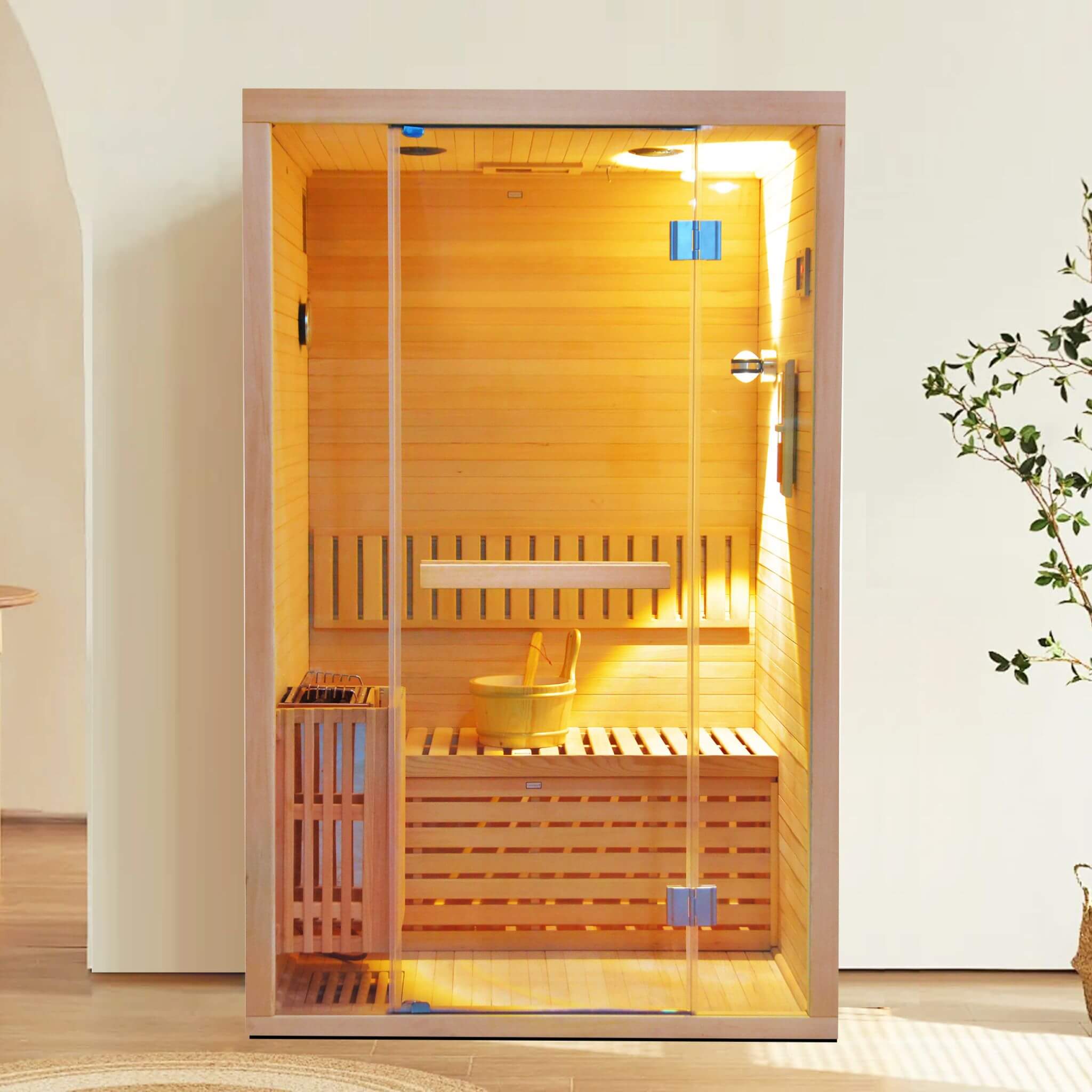 Thermora Alpine 2-Person 3kW Hemlock Wood Sauna Room with LED Wall Light - SAK28471Thermora Alpine 2-Person 3kW Hemlock Wood Sauna Room with LED Wall Light - SAK28471