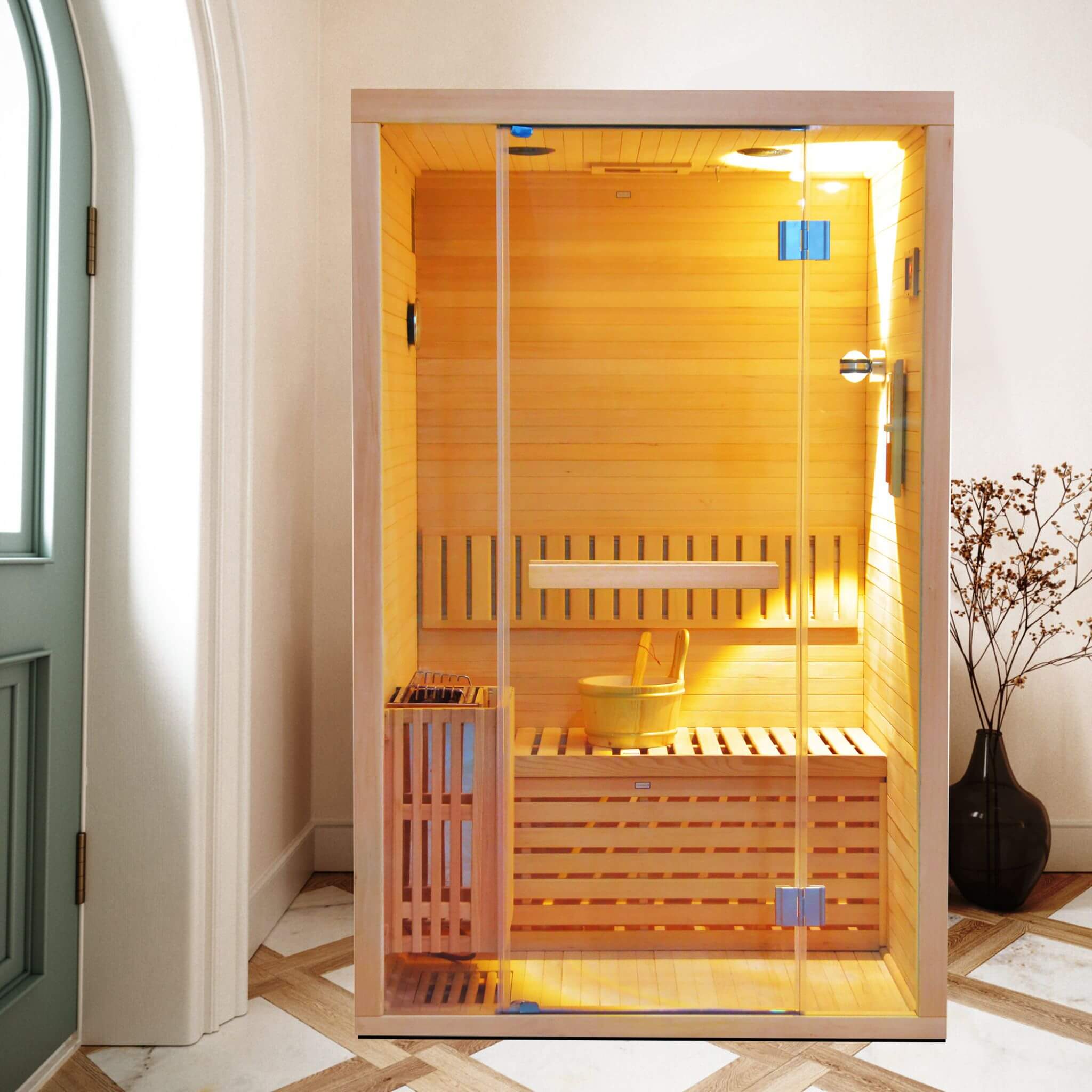 Thermora Alpine 2-Person 3kW Hemlock Wood Sauna Room with LED Wall Light - SAK28471Thermora Alpine 2-Person 3kW Hemlock Wood Sauna Room with LED Wall Light - SAK28471