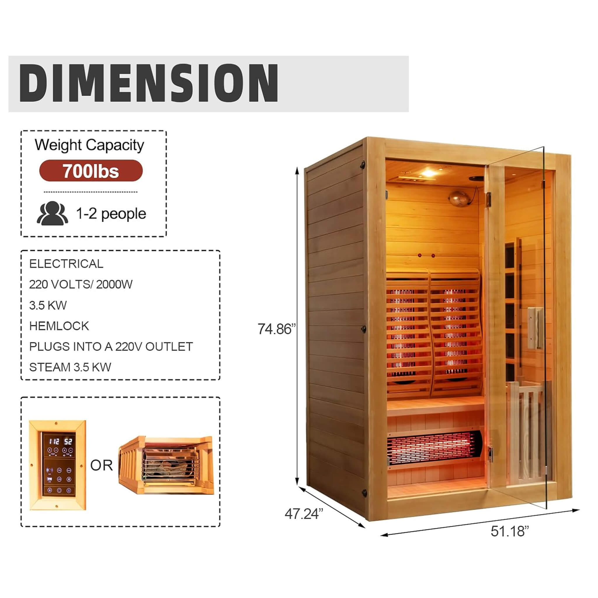 Rövia Luma 2-Person Indoor Hybrid Sauna Room with Infrared and 3.5kW Heater - SAK83750